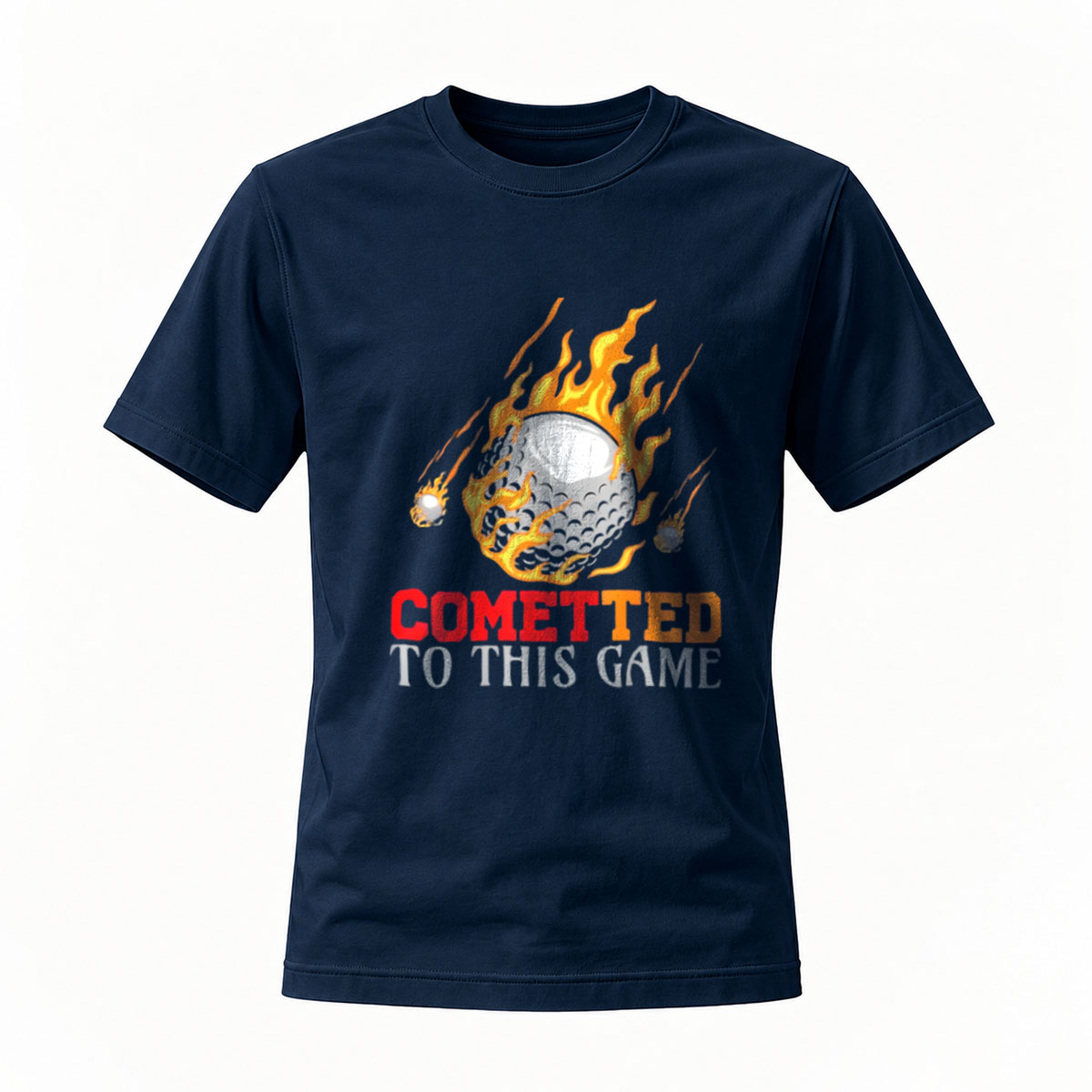Comet Golf Ball T-Shirt Men's Committed to This Game Fire Design - Image 7