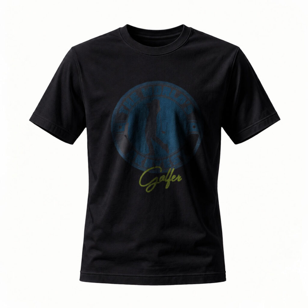 Black T-Shirt with Golf Ball Print and Gaffer Script Design