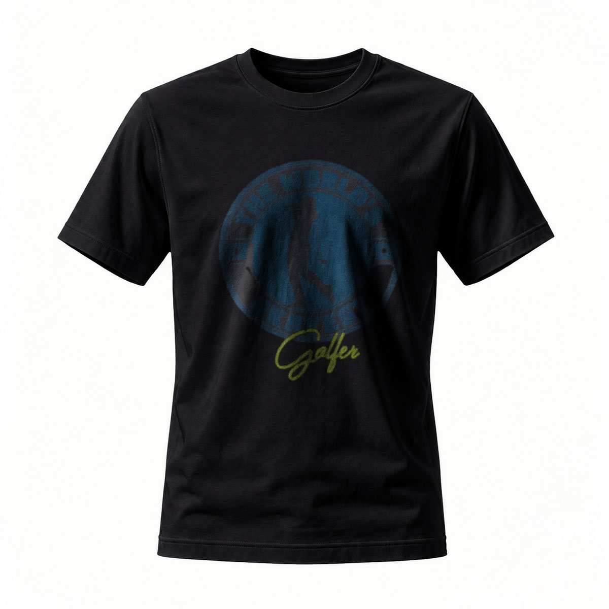 Black T-Shirt with Golf Ball Print and Gaffer Script Design