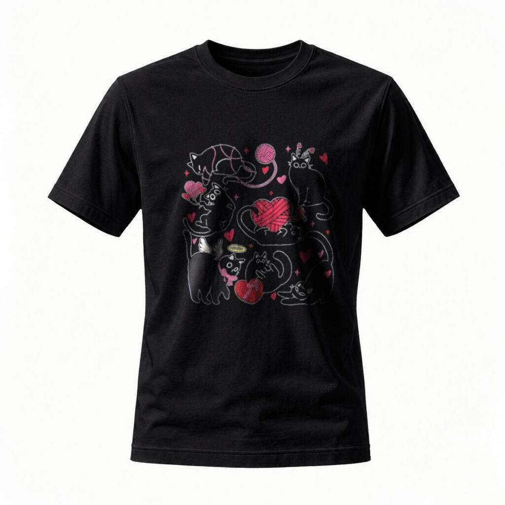 Cute Cats Hearts Design Black T-Shirt for Men Women Gift Wear
