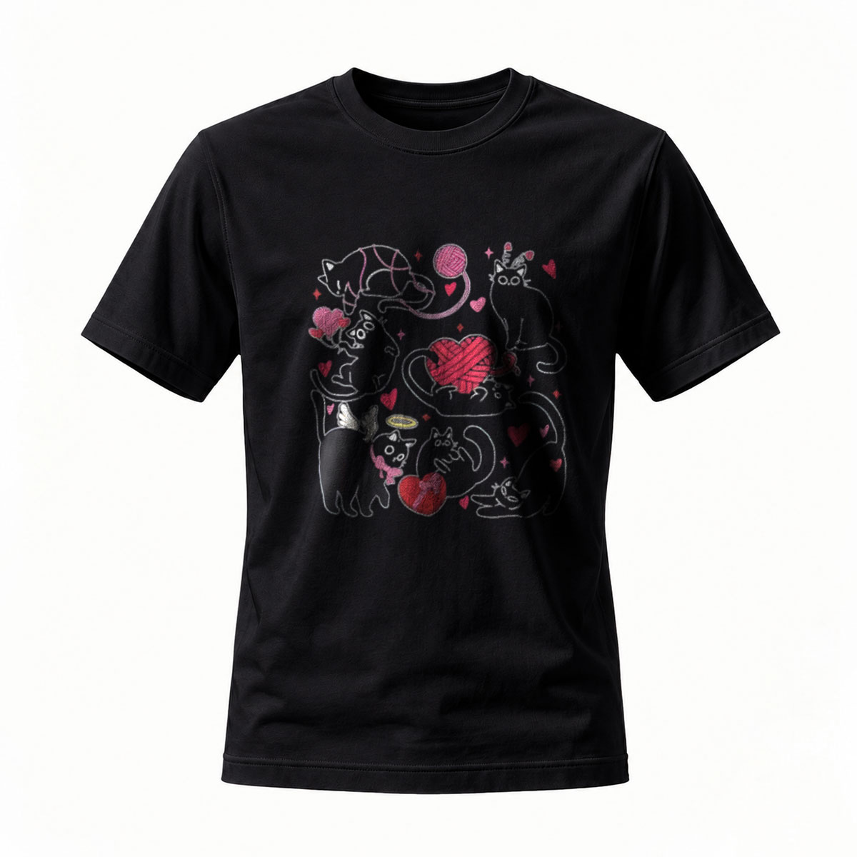 Cute Cats Hearts Design Black T-Shirt for Men Women Gift Wear