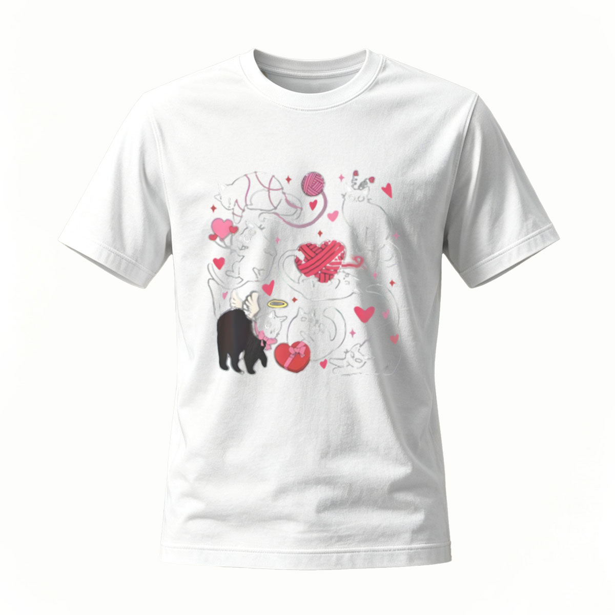 Cute Cats Hearts Design Black T-Shirt for Men Women Gift Wear - Image 2
