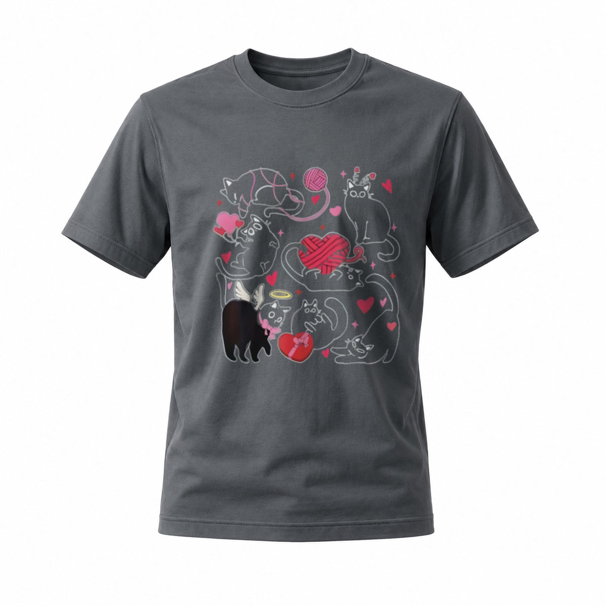 Cute Cats Hearts Design Black T-Shirt for Men Women Gift Wear - Image 6