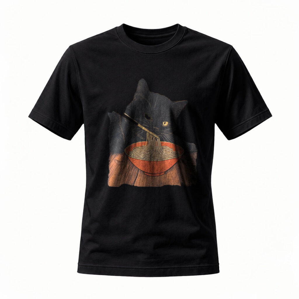 Black Cat Eating Noodles T-Shirt Men's Casual Graphic Tee