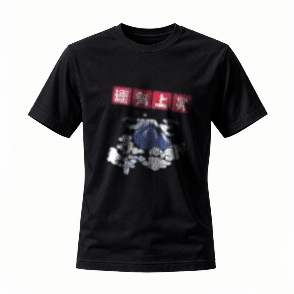 Black T-Shirt with Graphic Print and Chinese Text Design for Casual Wear