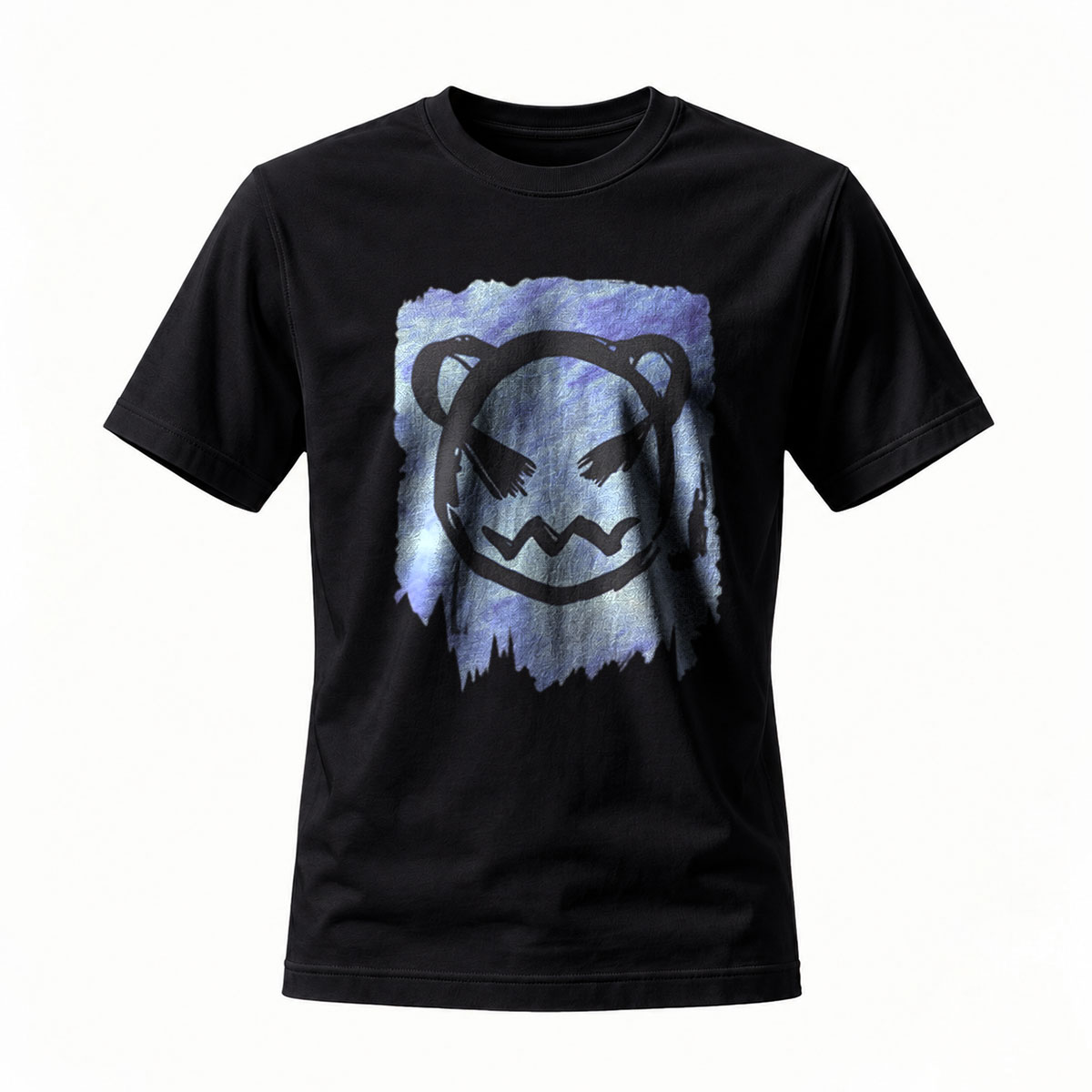 Black T-Shirt with Bear Face Print Watercolor Design Men's Casual Wear