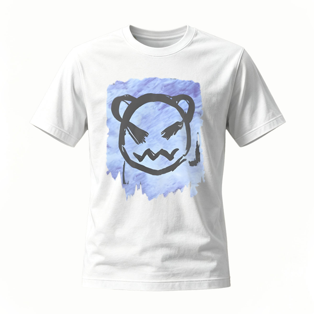 Black T-Shirt with Bear Face Print Watercolor Design Men's Casual Wear - Image 2