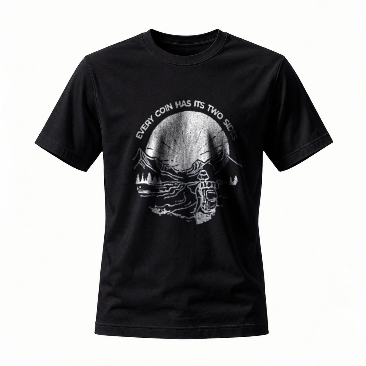 Alien Head Design T-Shirt Men's Black Graphic Tee Every Coin Has Two Sides