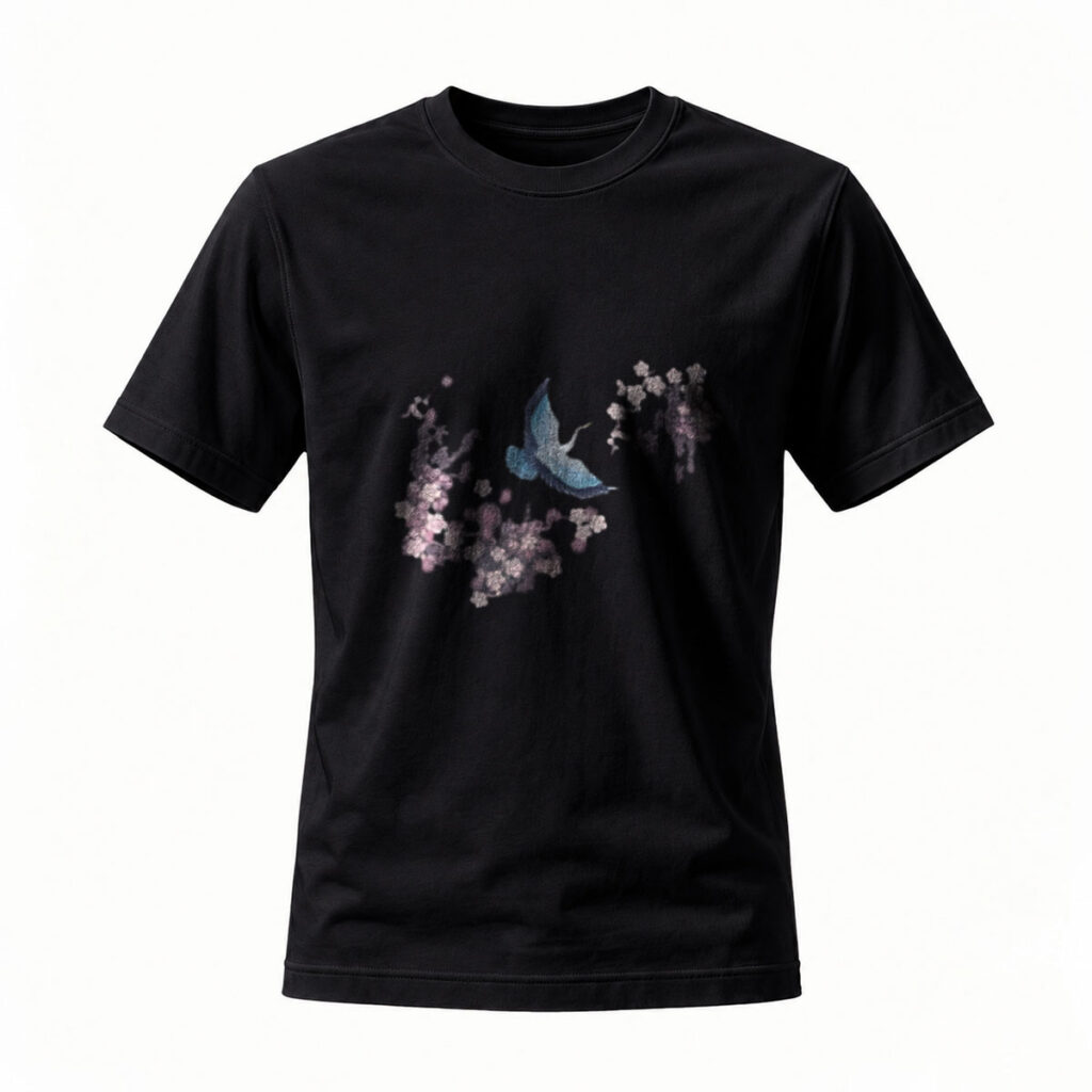 Black T-Shirt with Butterfly and Cherry Blossom Print Men's Casual Wear