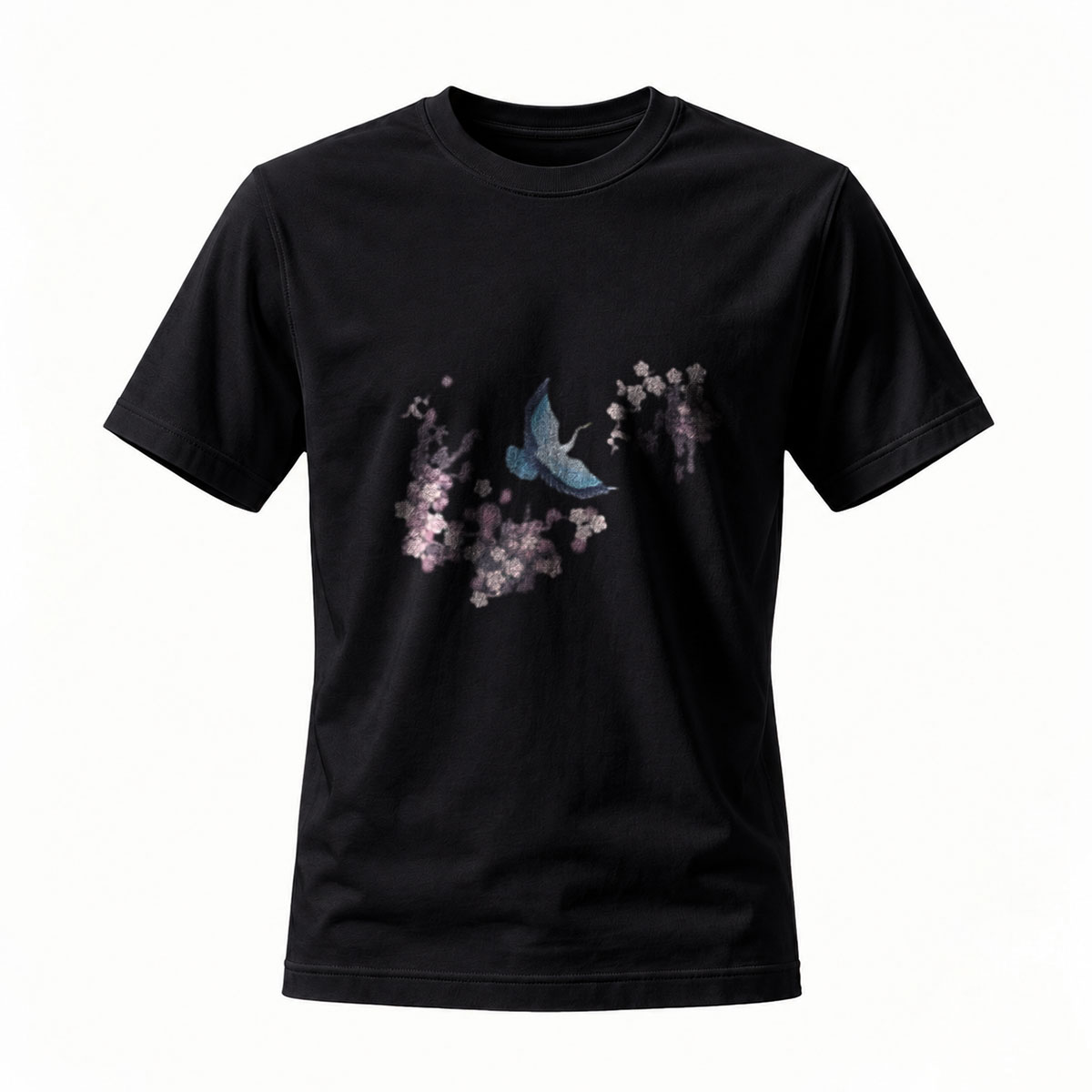 Black T-Shirt with Butterfly and Cherry Blossom Print Men's Casual Wear